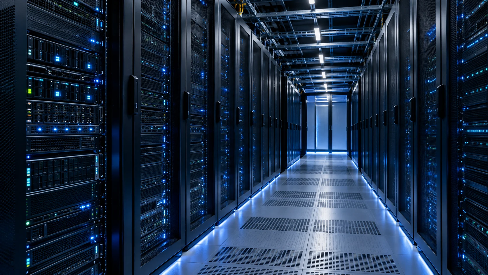 Blue-lit server racks in an enterprise data-center environment